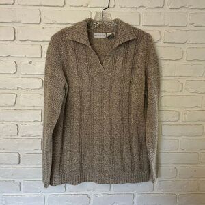 Vintage White Stag‎ Cable Knit V-neck Collared Sweater